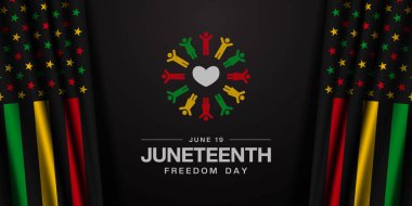 19 Haziran, Haziran özgürlük günüdür. Bayrak, insanlar ve kalp. Posterler, afişler, sosyal medya ve daha fazlası için harika. Siyah arkaplan.