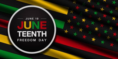 19 Haziran, Haziran özgürlük günüdür. Kırmızı, sarı ve yeşil renkli Amerikan bayrağı. Posterler, afişler, sosyal medya ve daha fazlası için harika. Siyah arkaplan.