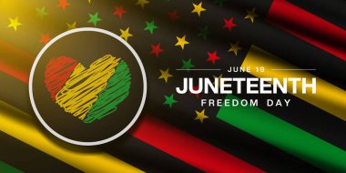 19 Haziran, Haziran özgürlük günüdür. Bayrak, kalp ve ışık. Posterler, afişler, sosyal medya ve daha fazlası için harika. Siyah arkaplan.