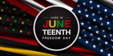 19 Haziran, Haziran özgürlük günüdür. Amerikan bayrağı ve daha fazlası. Posterler, afişler, sosyal medya ve daha fazlası için harika. Siyah arkaplan.