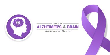 Haziran, Alzheimer ve Beyin Farkındalığı Ayı. Beyin, insan ve kurdele. Posterler, afişler, sosyal medya ve daha fazlası için harika. Beyaz arkaplan.