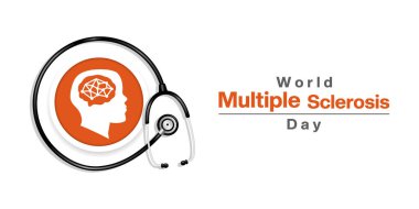 Dünya Çoklu Skleroz Günü. İnsan, beyin ve steteskop. Posterler, afişler, sosyal medya ve daha fazlası için harika. Beyaz arkaplan.