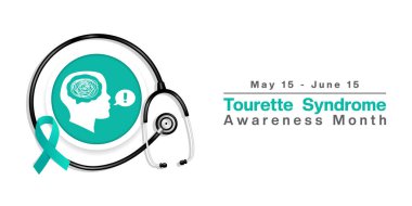  Ulusal Tourette Sendromu Bilinç Ayı. İnsan, mesaj, steteskop ve kurdele. Posterler, afişler, sosyal medya ve daha fazlası için harika. Beyaz arkaplan.