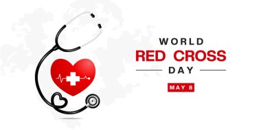 8 Mayıs Dünya Kızılhaç Günü. Stetoskop, kalp ve artı ikon. Posterler, afişler, sosyal medya ve daha fazlası için uygun. Beyaz arkaplan. 