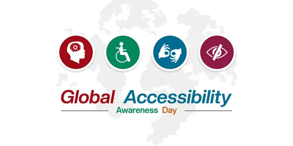 Küresel Erişilebilirlik Günü. İnsan, insan, el, göz ve harita. Posterler, afişler, sosyal medya ve daha fazlası için uygun. Beyaz arkaplan.