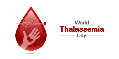 8 Mayıs Dünya Thalassemia Günü. Kan, hücre, el ve kalp. Posterler, afişler, sosyal medya ve daha fazlası için uygun. Beyaz arkaplan.