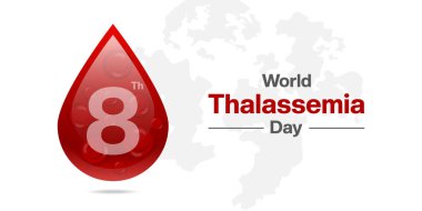 8 Mayıs Dünya Thalassemia Günü. Kan, hücre, sekiz ve harita. Posterler, afişler, sosyal medya ve daha fazlası için uygun. Beyaz arkaplan.