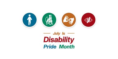 Temmuz Engelli Gururu Ayı. Millet, el ve göz. Posterler, afişler, sosyal medya ve daha fazlası için uygun. Beyaz arkaplan. 