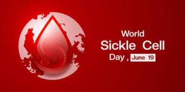 19 Haziran Dünya Orak Hücre Günü. Dünya, kan, hücre ve ışık. Posterler, afişler, sosyal medya ve daha fazlası için uygun. Kırmızı arkaplan.