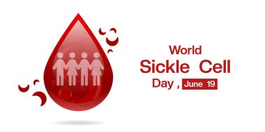 19 Haziran Dünya Orak Hücre Günü. Kan, hücre ve insanlar. Posterler, afişler, sosyal medya ve daha fazlası için uygun. Beyaz arkaplan.