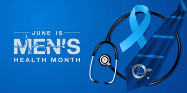 Haziran Ulusal Erkek Sağlığı Ayı. Kravat, steteskop, kurdele ve cinsiyet ikonu. Posterler, afişler, sosyal medya ve daha fazlası için uygun. Mavi arkaplan.