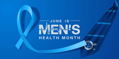 Haziran Ulusal Erkek Sağlığı Ayı. Kravat, kurdele ve cinsiyet ikonu. Posterler, afişler, sosyal medya ve daha fazlası için uygun. Mavi arkaplan.