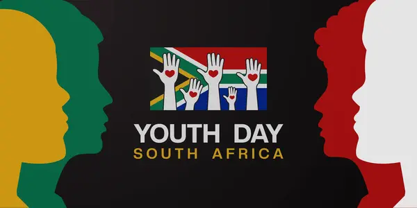 Güney Afrika Gençlik Gününüz kutlu olsun. Güney Afrika bayrağı, gençlik, el ve kalp. Posterler, afişler, sosyal medya ve daha fazlası için harika. Siyah arkaplan. 
