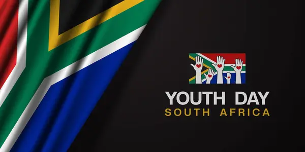 Güney Afrika Gençlik Gününüz kutlu olsun. Güney Afrika bayrağı, el ve kalp. Posterler, afişler, sosyal medya ve daha fazlası için harika. Siyah arkaplan. 