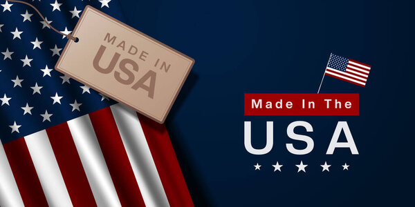 Made In The USA. American flag and tag. Great for posters, banners, social media and more. Dark blue background.