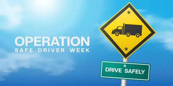 Temmuz, Ulusal Güvenli Sürücü Haftası. Kamyon, imza ve daha fazlası. Posterler, afişler ve sosyal medya için harika. Mavi gökyüzü arkaplanı.