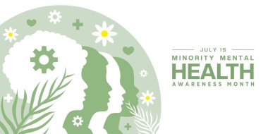 Temmuz, Ulusal Azınlık Sağlık Bilinci Ayı 'dır. İnsanlar, dişliler, artı ikon, kalp, çiçek ve yaprak. Posterler, afişler ve sosyal medya için uygun. Beyaz arkaplan.