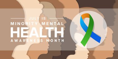 Temmuz, Ulusal Azınlık Sağlık Bilinci Ayı 'dır. Peoples ve kurdele. Posterler, afişler ve sosyal medya için uygun. Beyaz arkaplan.