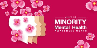 Temmuz, Ulusal Azınlık Sağlık Bilinci Ayı 'dır. İnsan ve çiçekler. Posterler, afişler ve sosyal medya için uygun. Pembe arkaplan.