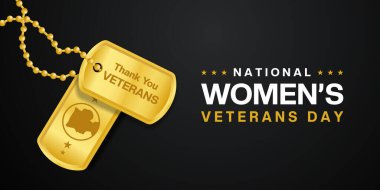 12 Haziran Ulusal Kadın Gaziler Günü. Askeri etiketler. Posterler, afişler ve sosyal medya için uygun. Siyah arkaplan. 