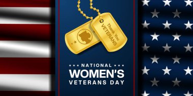 12 Haziran Ulusal Kadın Gaziler Günü. Askeri etiketler ve Amerikan bayrağı. Posterler, afişler ve sosyal medya için uygun. Siyah arkaplan. 