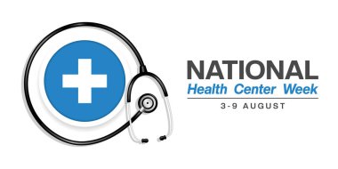 Ulusal Sağlık Merkezi Haftası. Artı ikon ve steteskop. Posterler, afişler ve sosyal medya için uygun. Beyaz arkaplan.