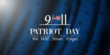  11 Eylül Vatanseverlik Günü 'nü asla unutmayacağız. Amerikan bayrağı, 9, bina ve ışık. Posterler, afişler ve sosyal medya için harika. Mavi arkaplan.