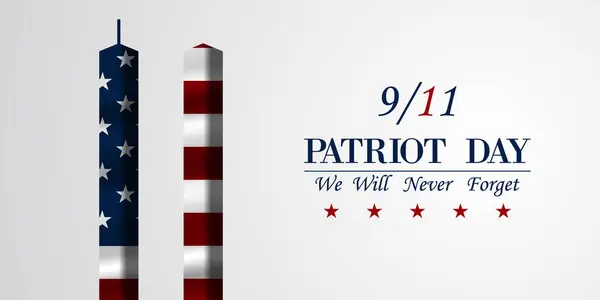  11 Eylül Vatanseverlik Günü 'nü asla unutmayacağız. Amerikan bayrağı ve binası. Posterler, afişler ve sosyal medya için harika. Beyaz arkaplan.
