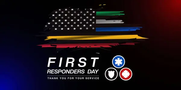 Ulusal İlk Yanıt Günü. İlk müdahale ekibi, polis ikonu ve daha fazlası. Posterler, afişler ve sosyal medya için harika. Siyah arkaplan.