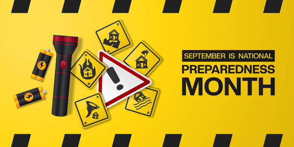 Сентябрь - это месяц национальной готовности. Фонарик и знак. Подходит для плакатов, баннеров и социальных сетей. Желтый фон.