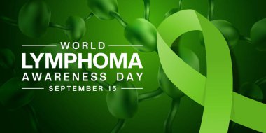 15 Eylül Dünya Lenfoma Farkındalık Günü. Lenfoma ve kurdele. Posterler, afişler ve sosyal medya için uygun. Yeşil arkaplan.