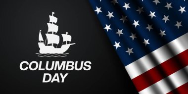 Columbus Günün kutlu olsun. Gemi ve Amerikan bayrağı. Posterler, afişler ve sosyal medya için uygun. Siyah arkaplan.