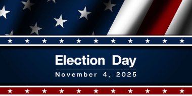 4 Kasım 2025 Seçim Günü. Amerikan bayrağı. Posterler, afişler ve sosyal medya için uygun. Mavi arkaplan.