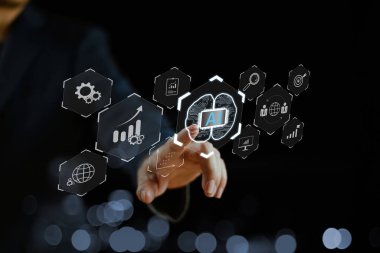 İş danışmanı performans analisti teknolojisi, dijital pazarlama. Veri analizi iş konsepti. İşadamı bilgisayar bilgisayarı kullanıyor, bulut ağı bağlantısı. Finansal bankacılık teknolojisi, büyük veriler 