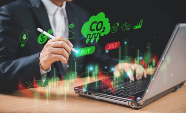 Carbon credit green business concept. Bank finance money investment for sustainable. Green leaf footprint icon. Bond stock market exchange, tax fund trade. Lower CO2 emissions, net zero technology clipart