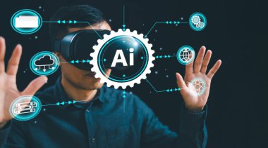 Chatbot adam dijital sanal gerçeklik gözlüğü takıyor. Chat Ai sanal küresel internet bağlantısı. Sohbet robotu yapay zeka. Fütürist yeni teknoloji. Sohbetli iş gerçekliği. Bilgisayar kavramı.