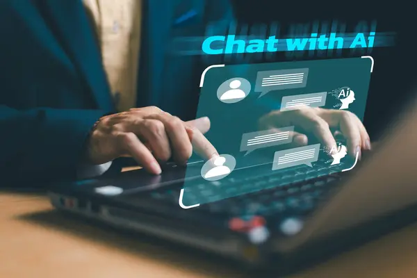 Virtual Global Internet Chat with AI. Ai tech Chat bot for customer. Artificial Intelligence Futuristic technology transformation. Businessman connect Command prompt. Digital computer concept