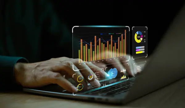 İş adamı teknoloji yapay zekası kullanarak iş aracı konsepti üretiyor. Sohbet robotu Chat AI analizi CRM kodu. Büyük veri teknolojisi akıllı robot yapay zeka bilgisayar web sitesi oluşturmak için 