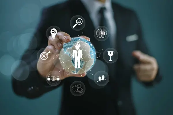 Müşteri İlişkileri Yönetimi CRM. İş adamı eli, küresel ağ müşteri servisi. Bulut ağı otomasyon Ai teknolojisi, Data partner çözüm geliştirme. Pazarlama iş stratejisi kavramı