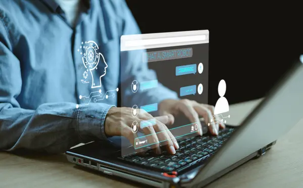 Chat bot Chat with AI digital concept. Business man using technology smart robot AI, artificial intelligence by enter command prompt for generates by computer, Futuristic technology transformation