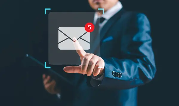 Businessman touch email alert screen internet technology. New email notification concept, business e-mail communication, digital marketing campaign. Receive notification of electronic messages inbox