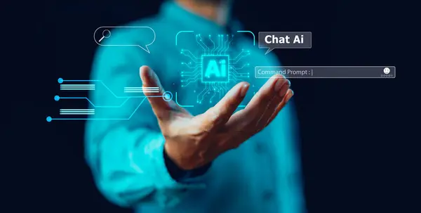Virtual graphic Global Internet Chat with AI cpu for generates. Ai tech, Artificial Intelligence Futuristic technology transformation. Businessman connect Command prompt. Digital computer concept