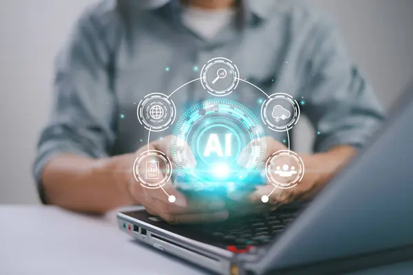 Yapay zeka, yapay zeka ya da analitik yazılım bilgisayar sitesi. İşadamı, uzman teknolojisi AI ile iş yapıyor. Sohbet robotu, sohbet yapay zekası, CRM kodu. Büyük veri teknolojisi aracı arka planı