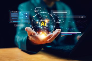 Yapay zeka, yapay zeka ya da analitik yazılım bilgisayar sitesi. İşadamı, uzman teknolojisi AI ile iş yapıyor. Sohbet robotu, sohbet yapay zekası, CRM kodu. Büyük veri teknolojisi aracı arka planı