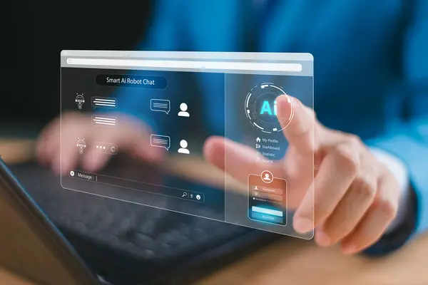 Yapay zeka iş konseptine yardımcı olur. Yapay Zeka Teknolojisi Fütüristik. Teknoloji müşteri hizmetleri. İş adamı hakkında sanal grafik, Global Internet bağlantısı AI ile sohbet oluşturur