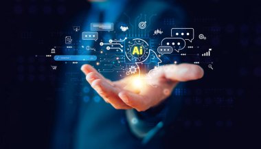 Yapay zeka, yapay zeka ya da analitik yazılım bilgisayar sitesi. İşadamı, uzman teknolojisi AI ile iş yapıyor. Sohbet robotu, sohbet yapay zekası, CRM kodu. Büyük veri teknolojisi aracı arka planı