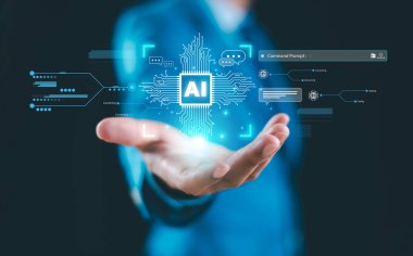 Üretim için Al Cpu ile Sanal grafik Global İnternet Sohbeti. Ai teknolojisi, Yapay Zeka Fütürist Teknoloji Dönüşümü. İşadamı Kumandayı bağla. Dijital bilgisayar kavramı