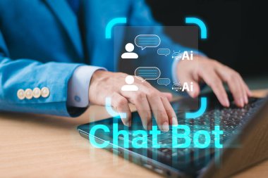 Yapay zeka, yapay zeka ya da analitik yazılım bilgisayar sitesi. İşadamı, uzman teknolojisi AI ile iş yapıyor. Sohbet robotu, sohbet yapay zekası, CRM kodu. Büyük veri teknolojisi aracı arka planı