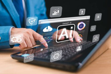 Yapay zeka, yapay zeka ya da analitik yazılım bilgisayar sitesi. İşadamı, uzman teknolojisi AI ile iş yapıyor. Sohbet robotu, sohbet yapay zekası, CRM kodu. Büyük veri teknolojisi aracı arka planı