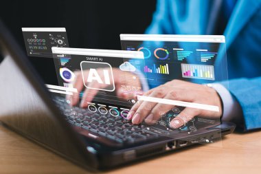 Yapay zeka, yapay zeka ya da analitik yazılım bilgisayar sitesi. İşadamı, uzman teknolojisi AI ile iş yapıyor. Sohbet robotu, sohbet yapay zekası, CRM kodu. Büyük veri teknolojisi aracı arka planı